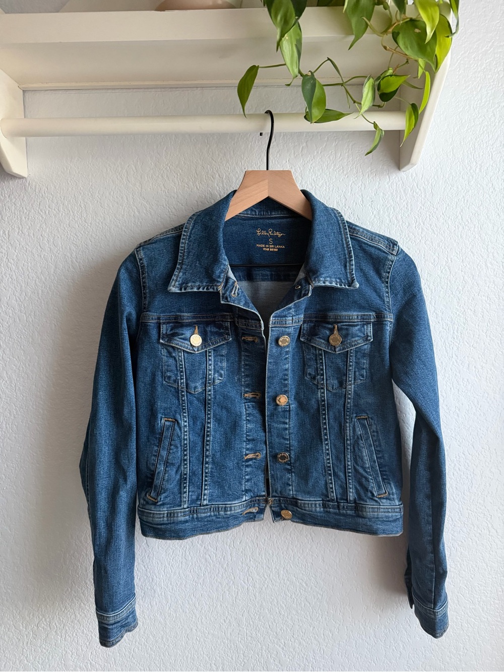 Lilly Pulitzer Medium Wash Stretch Denim Jacket, Gold Logo Buttons, Size S
